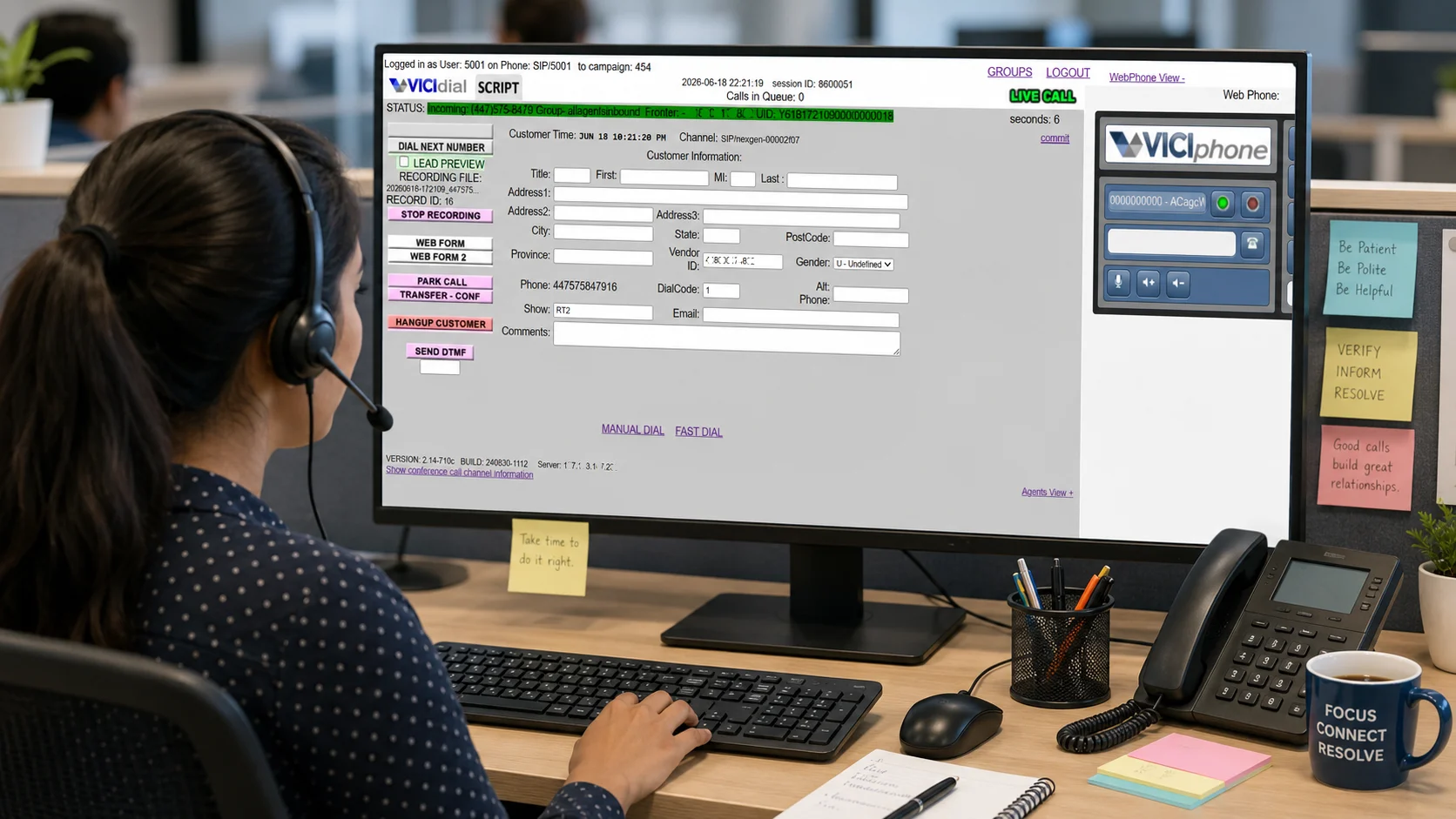 NexGen Inbound Dialer system workflow from customer call to agent dashboard